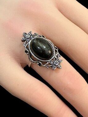 Vintage Adjustable Ring Silver Tone Black Center Size 6.5 Womens Jewelry